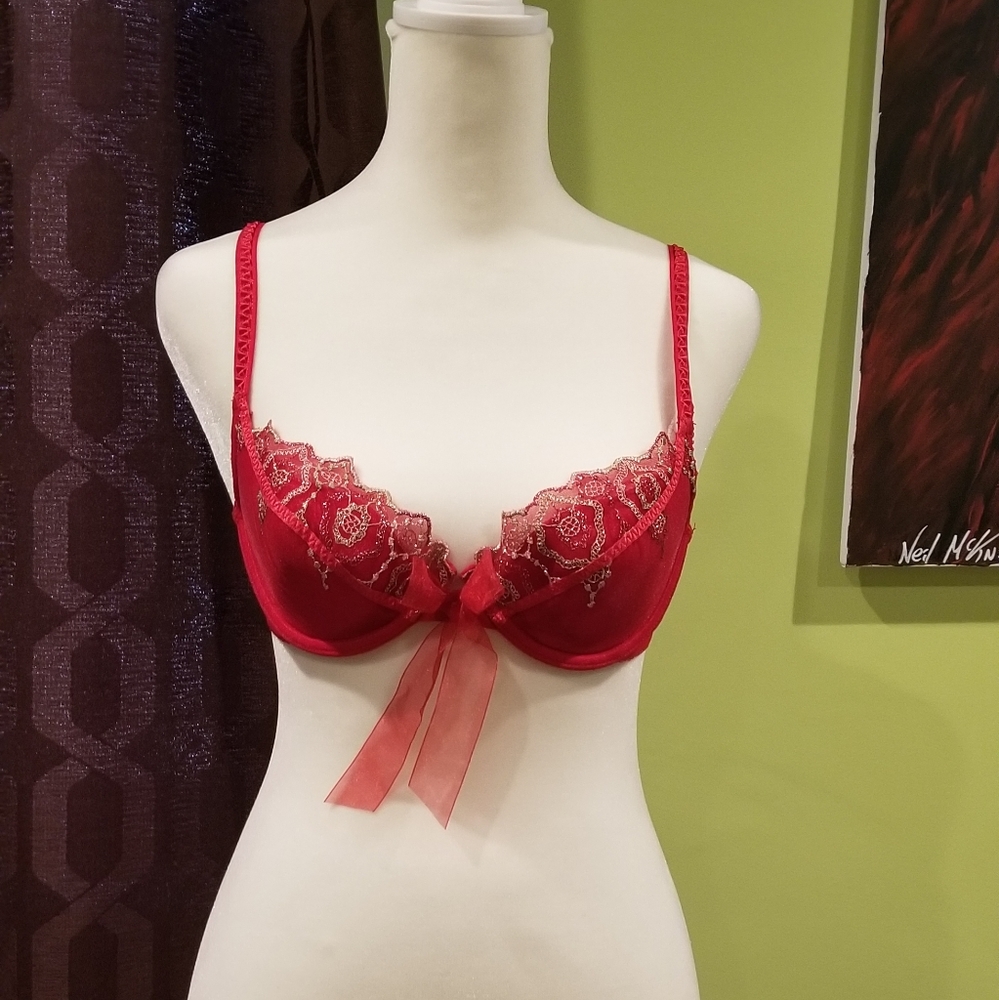 NWOT Red Bra With Red And Gold Embroidery